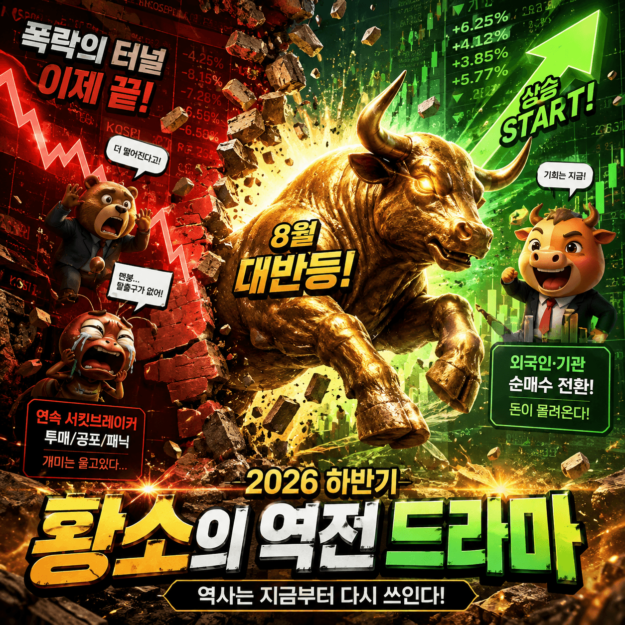 7월의 끔찍했던 붉은 하락장(벽)을 산산조각 내며 엄청난 힘으로 뚫고 나오는 황금 뿔 달린 황소를 통해, 코스피의 역대급 17% 폭등을 극적으로 묘사한 이미지입니다.
