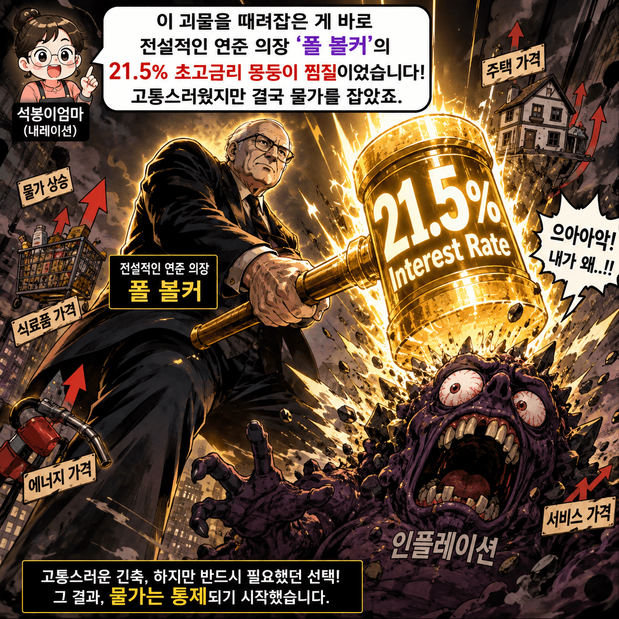 전설적인 연준 의장 '폴 볼커'의 21.5% 초고금리 몽둥이 찜질이었습니다! 고통스러웠지만 결국 물가를 잡았다.