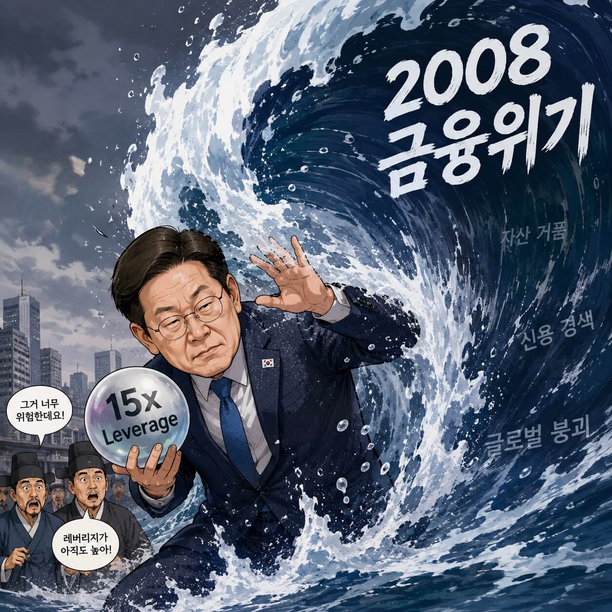 성공적인 투자를 위해 시장의 흐름을 날카롭게 분석하고 전략을 논의하는 두 금융 전문가와 이재명 대통령모습입니다.